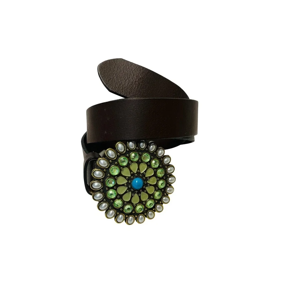 Gap Leather Belt M Brown Medallion Buckle Green Blue Jewels Boho Indie Eclectic